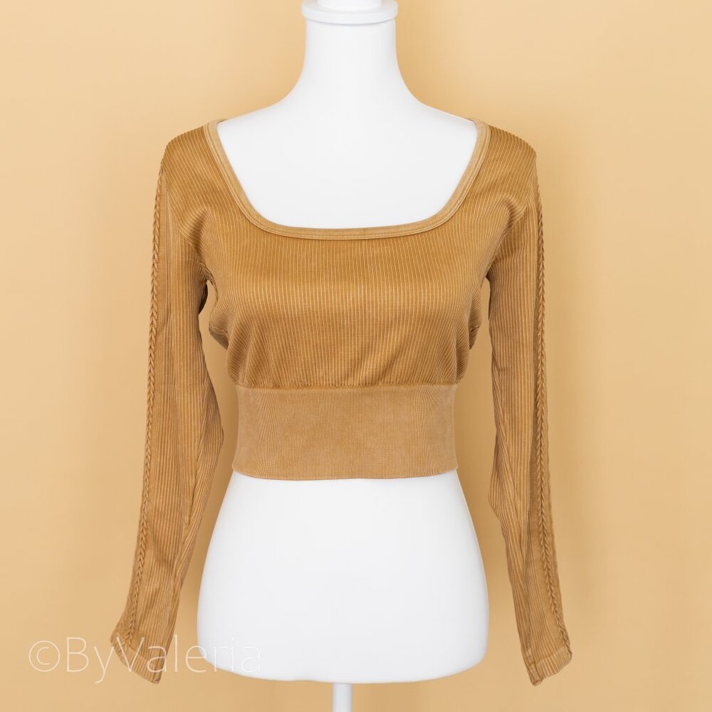 Aerie Offline Crop Top XL Long Sleeve Square Neck Ribbed Knitted Golden Tan NWOT